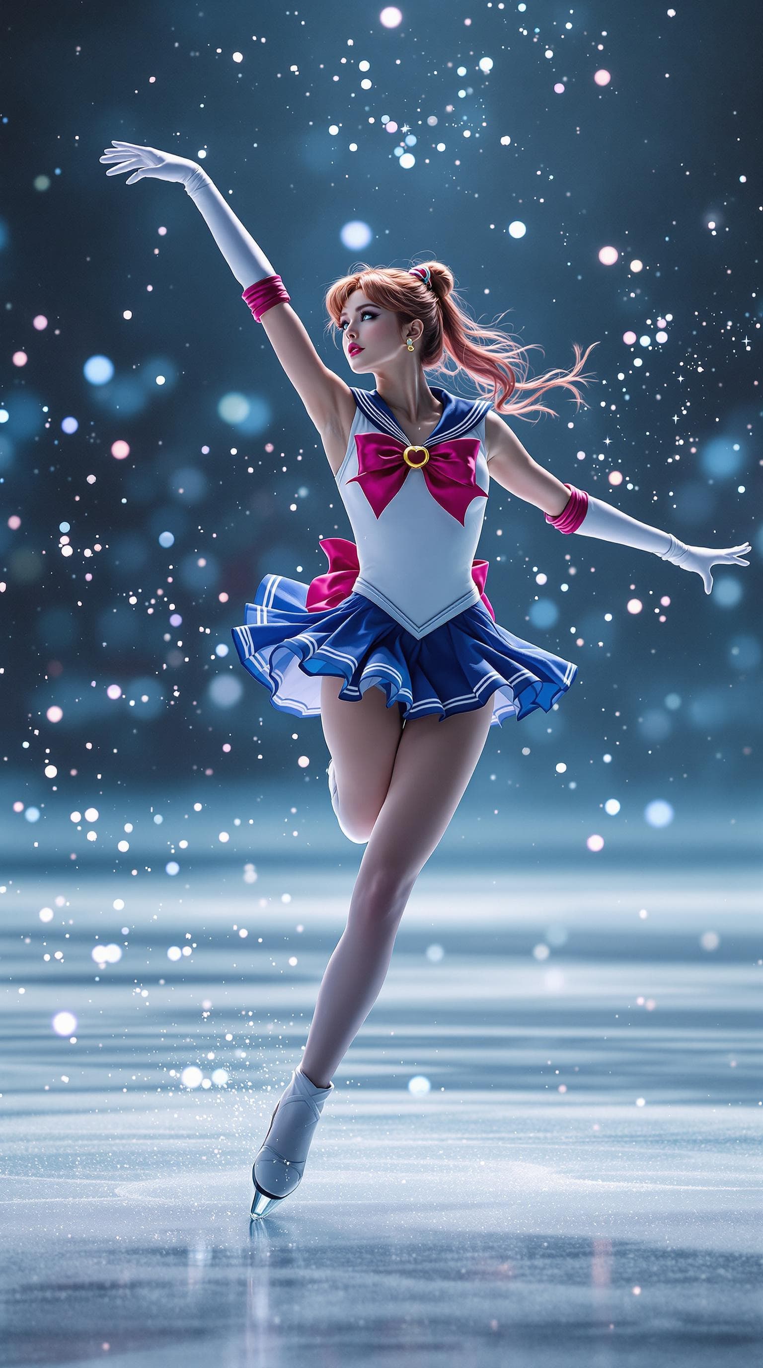 AI generated: Full length shot (FLS) of a beautiful Sailor Moon ice dancing, photorealistic, Hasselblad Camera, 8k...