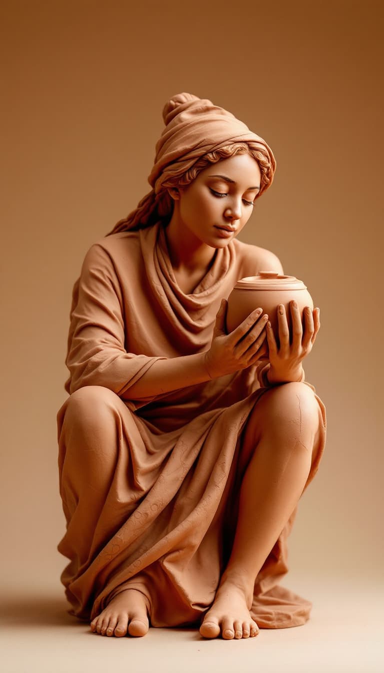 AI generated: Terracotta Sculpture, Earthy Tones, Natural Forms, Rustic, Woman Holding Clay Shaping, Concentrated ...