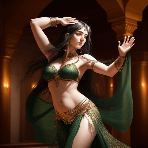 AI generated: A fictional hypothetical fantasy scene of a female belly dancer with deep green eyes, long dark tres...