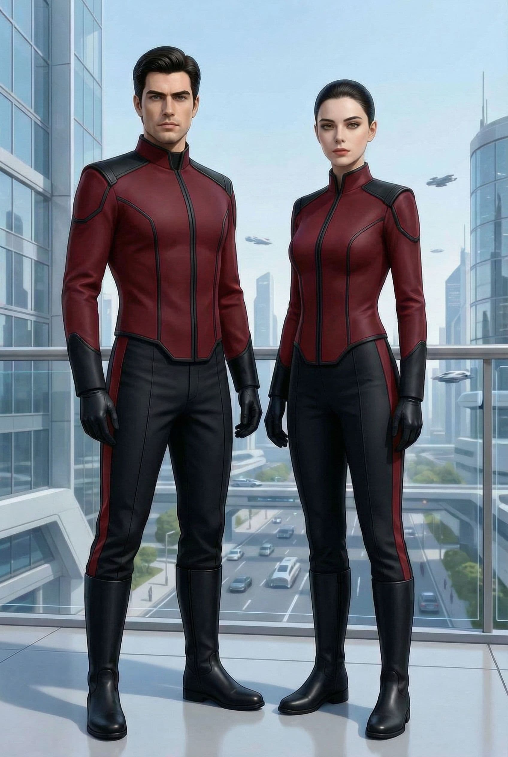 AI generated: Create a Sci-Fi uniform. Use the reference image and turn all blue to red. The color of the uniform ...