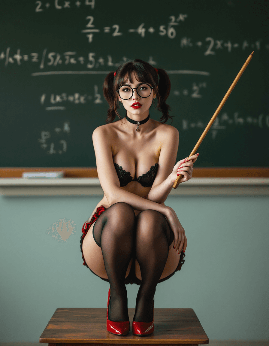 AI generated: photo of a 24-year-old woman with twintails and big round glasses wearing nothing except black stock...
