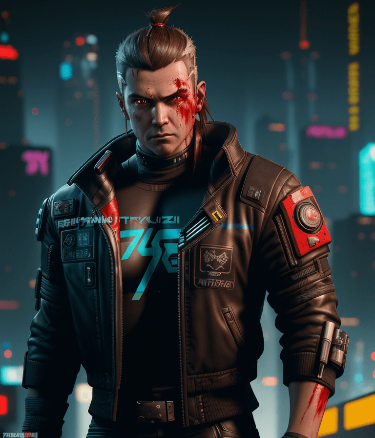 AI generated: a male protagonist of cyberpunk 2077 with a big jowline,a tuft, brown hair, red eyes, oily complexio...