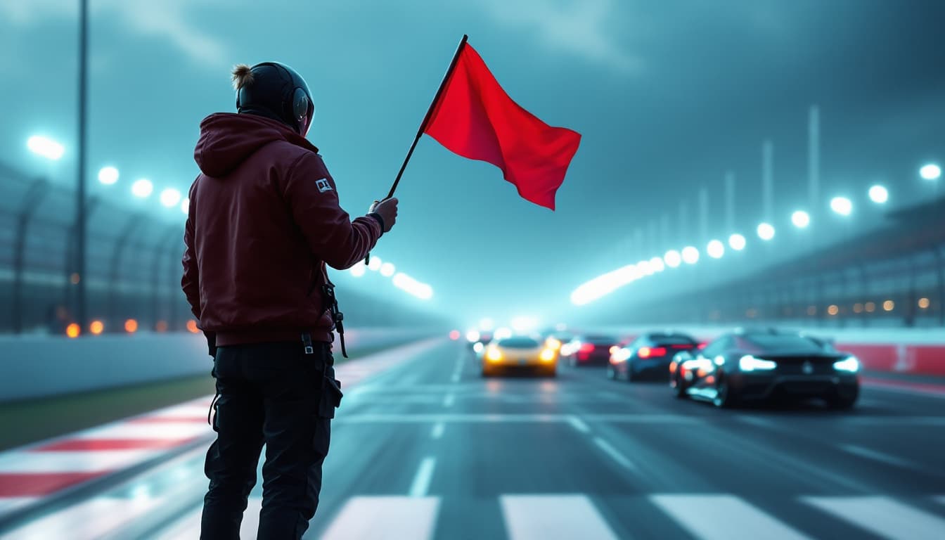 AI generated: The starter is a person standing on the side of the racing track behind the track with a whistle and...