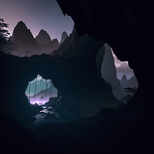 AI generated: ultra realistic realistic photo looking out the mouth of a cave that has vines and roots hanging fro...