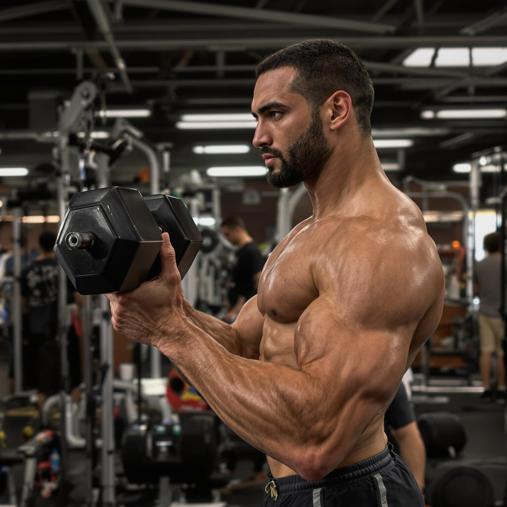 AI generated: side view of bodybuilder standing, lifting a dumbbell while looking at the camera