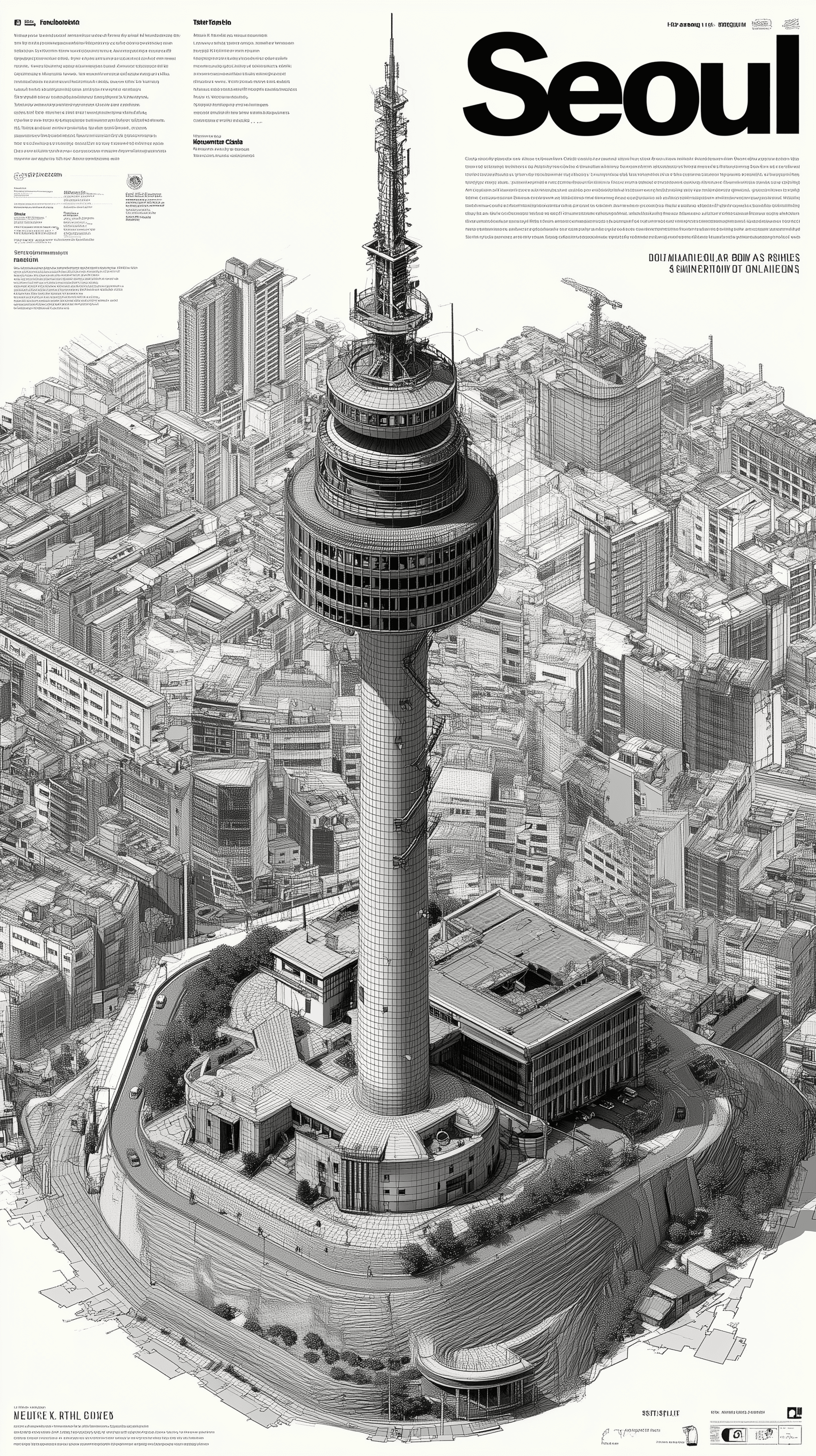AI generated: axonometric 30 degree view, seoul, Namsan Seoul Tower, lettering "Seoul", prominently scaled and cen...