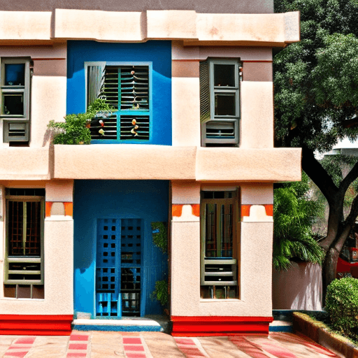AI generated: A house in urban bangalore in Geoffrey Bawa style that has a large vertical element. The Structure's...