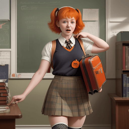 AI generated: grandma, masterpiece, mid shot, arafly dressed woman with orange hair and a suitcase, a portrait ins...