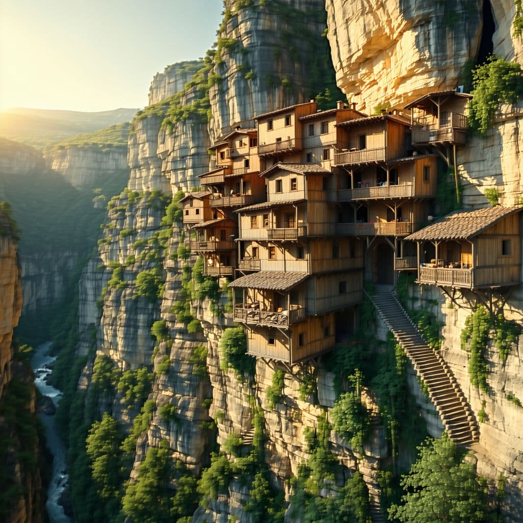 AI generated: A stunning and detailed illustration of the Hanging Houses of Cuenca, Spain. These iconic medieval s...