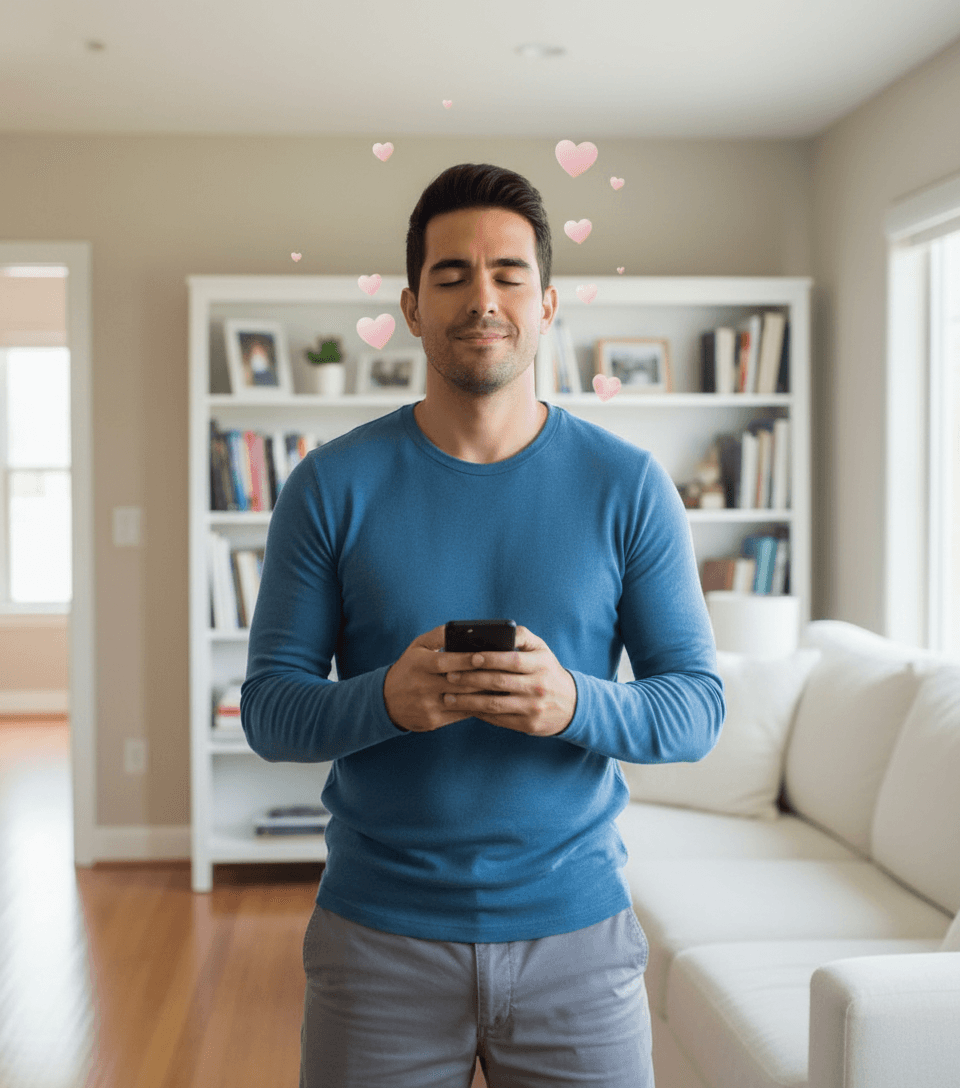AI generated: Hispanic male guy is at home standing in his living room. He is 5'0" tall, he is holding against his...