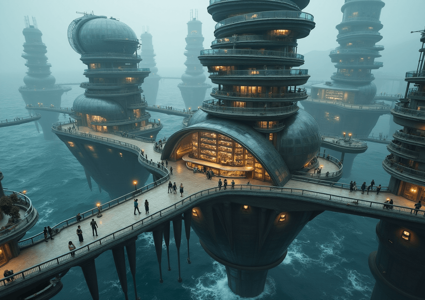 AI generated: A futuristic, floating city in the middle of a raging ocean with high waves. Several different build...