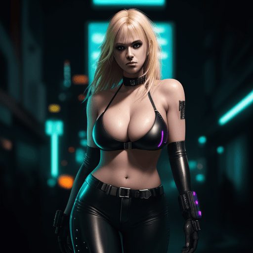 AI generated: blond girl facing front wearing cyberpunk outfit with large breasts in a bikini top, tight leather p...