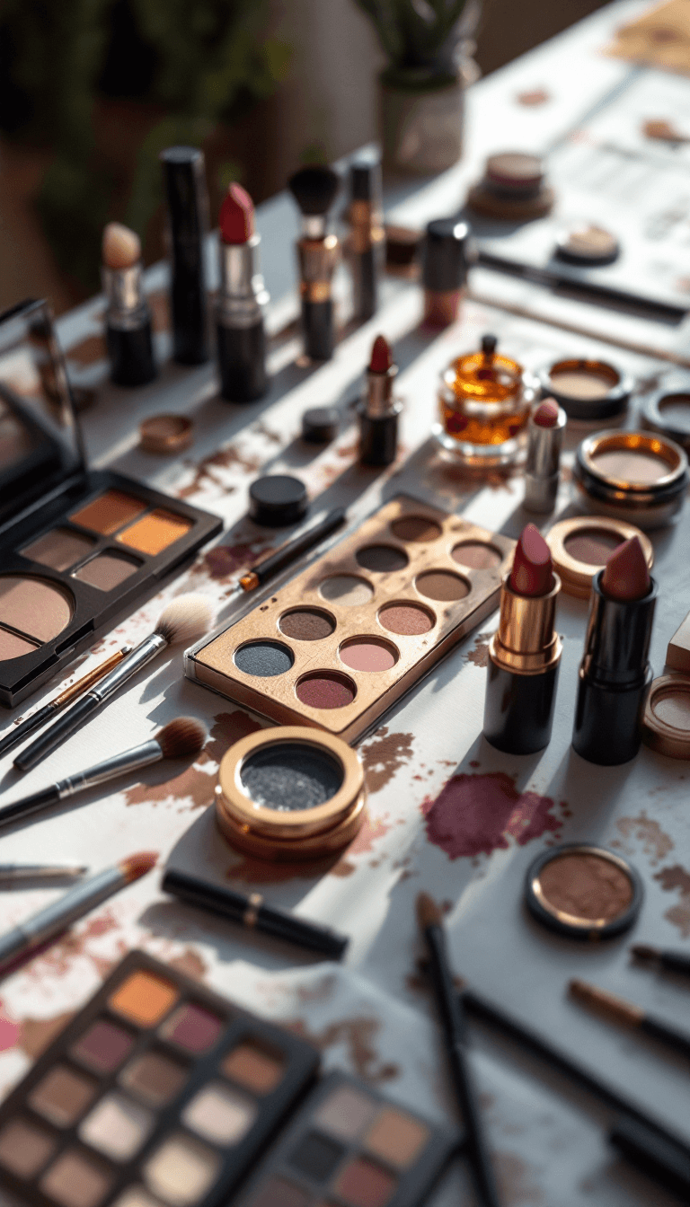 AI generated: a table with makeup products like brushes, eyeshadow, lipstick, and more --ar 2:3 --v 6.0
