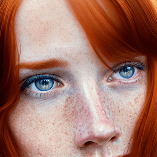 AI generated: photo of young beautiful redhead woman with blue eyes and freckles on her fine face in the style of ...