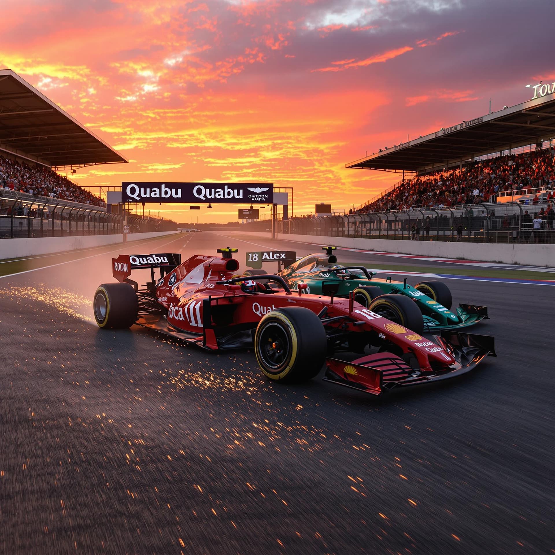 AI generated: A high-speed Formula 1 race is taking place on a professional circuit during a breathtaking sunset. ...