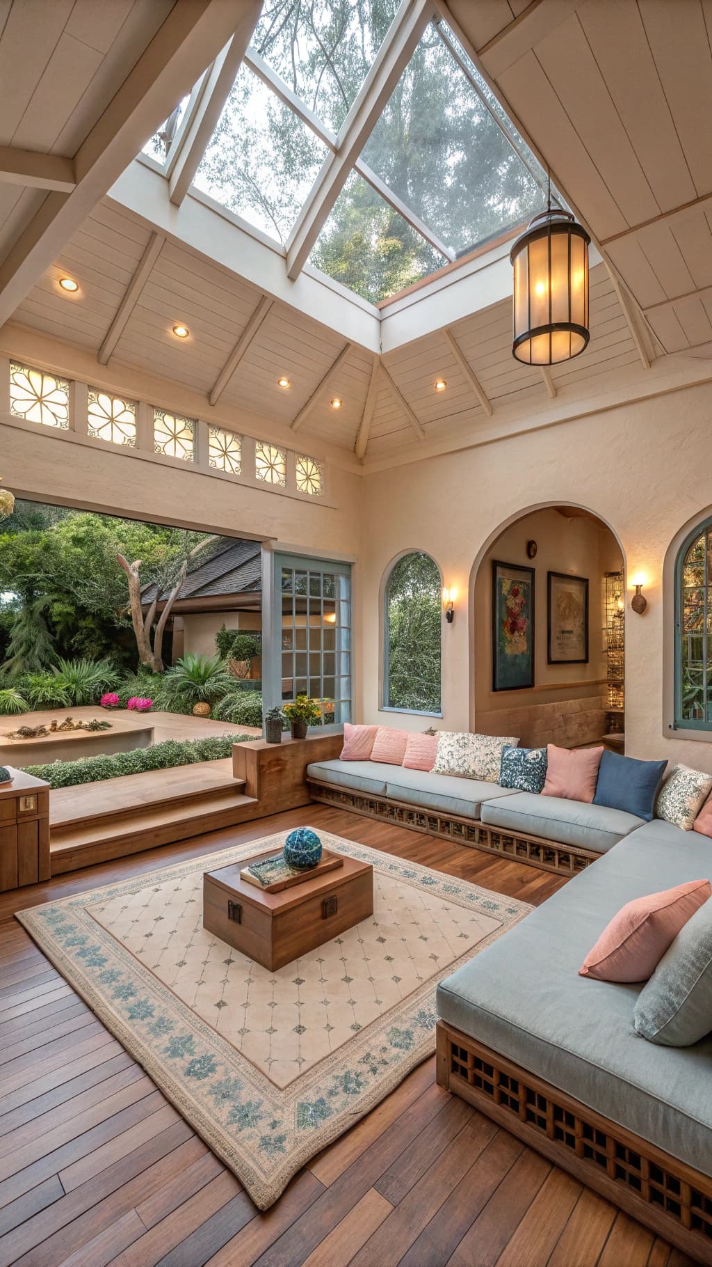 AI generated: High resolution photography interior design, dreamy sunken living room conversation pit, wooden floo...