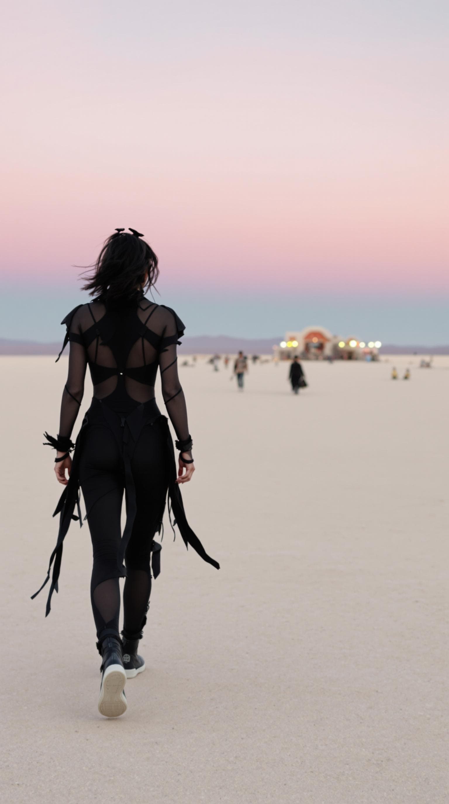 AI generated: The image features a person walking away in a striking landscape. The individual is dressed in a min...