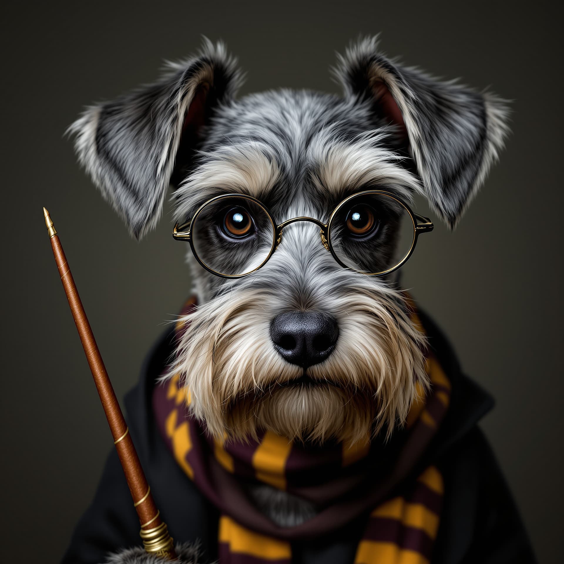 AI generated: beautiful, realistic portrait of a gray miniature schnauzer, dressed up like Harry Potter, with glas...
