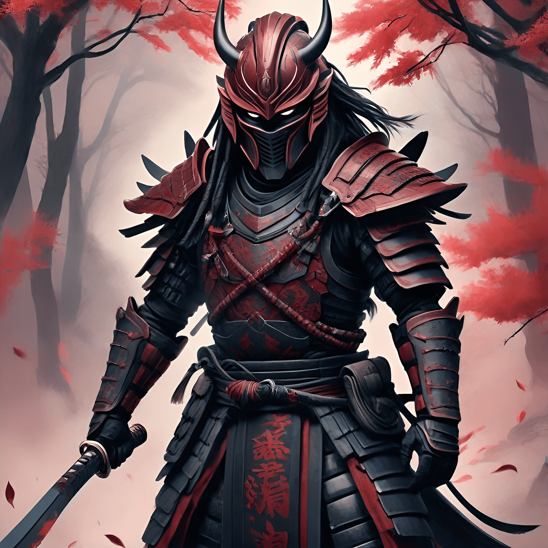 AI generated: ancient predator samurai, Digital Illustration, Modern Era, Predominantly Red and Black Palette.