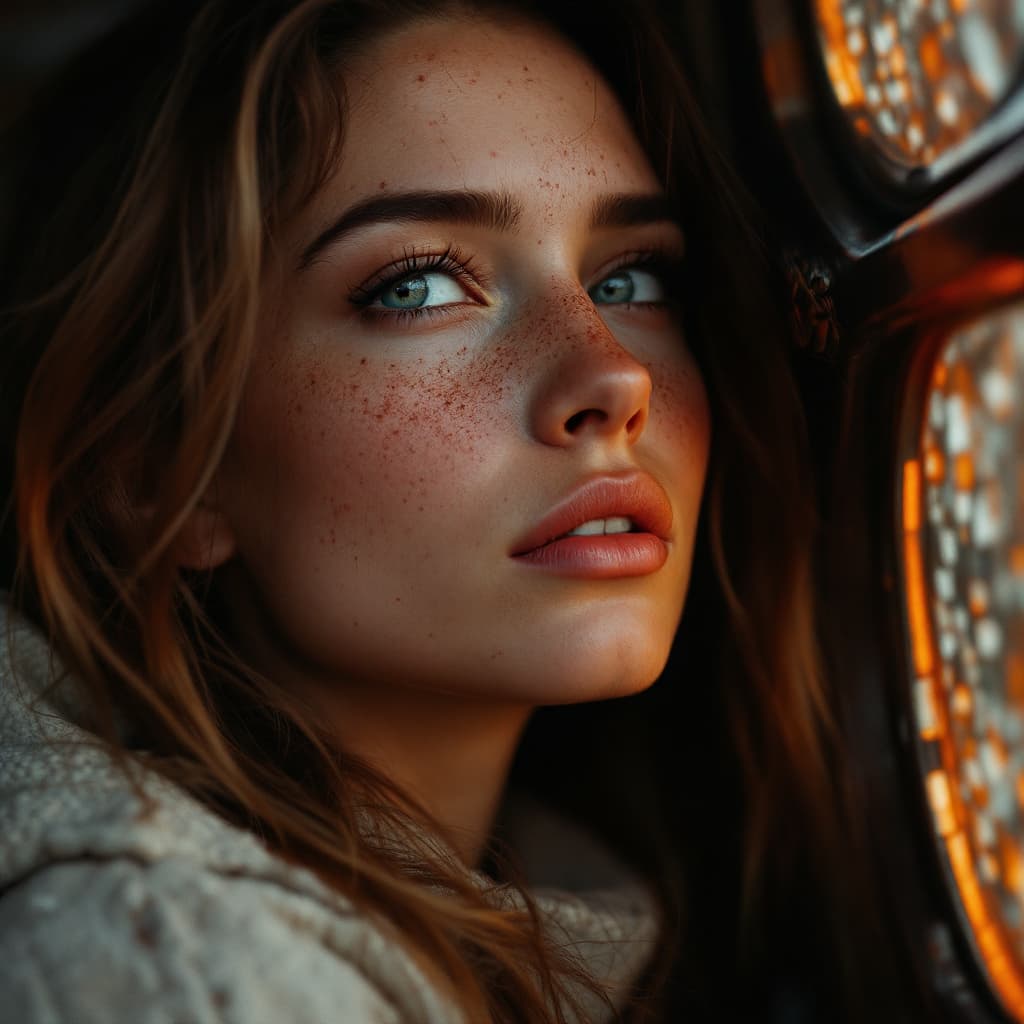 AI generated: a woman with freckles looks out into the world, in the style of vray, white and orange, warmcore, ph...