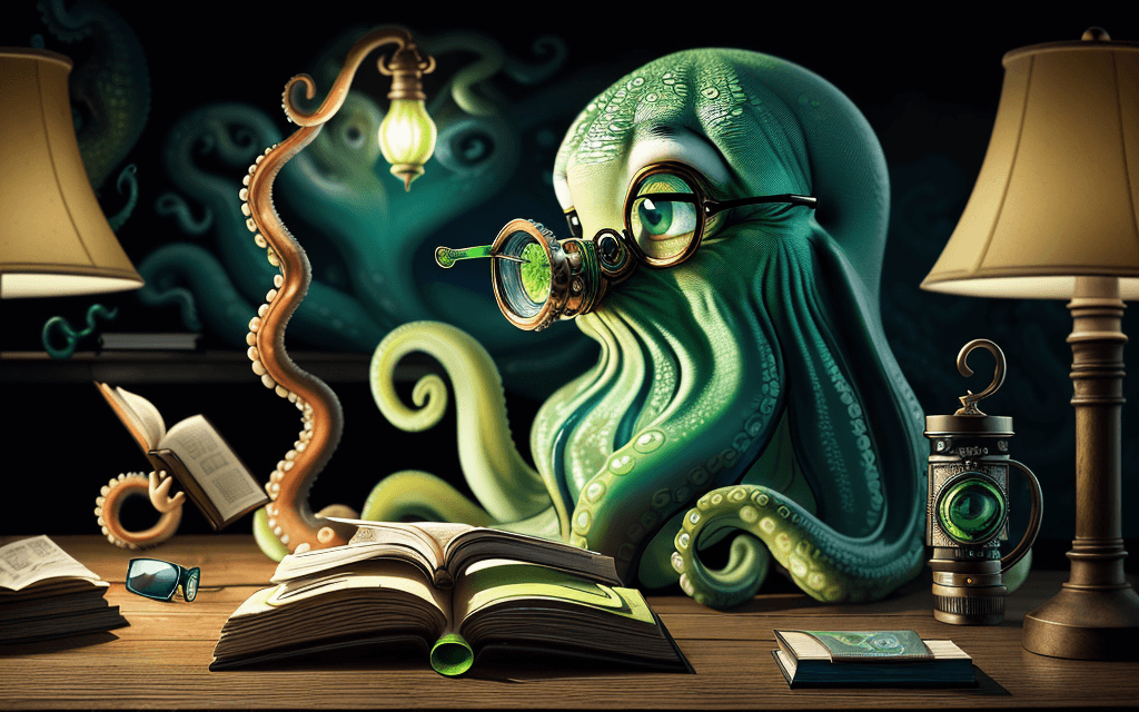 AI generated: a photo of a bright green eyeglass octopus with a raised eyebrow smoking a pipe reading a book about...