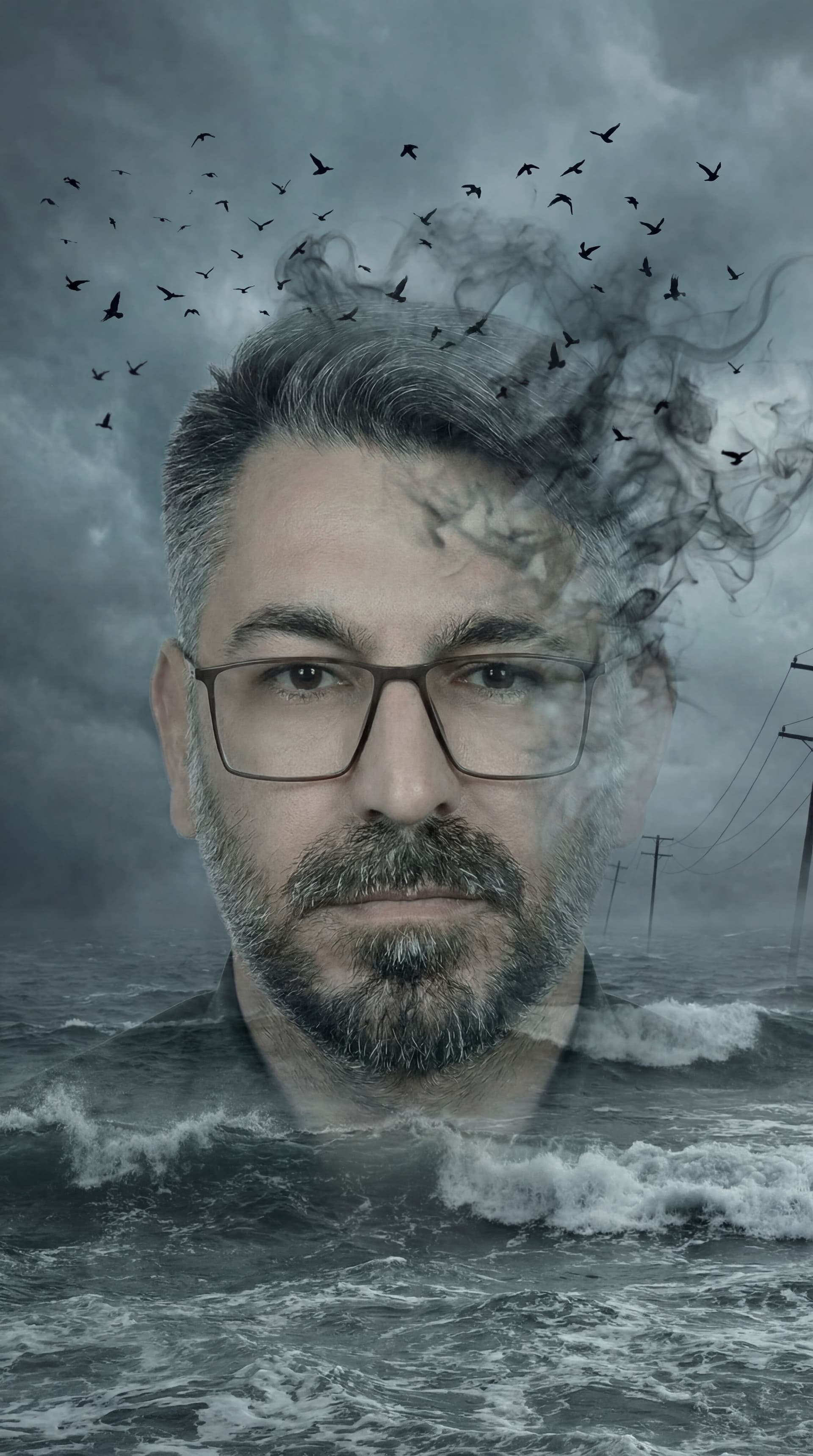 AI generated: A haunting double exposure artwork of a man with windswept hair, his face partially dissolving into ...