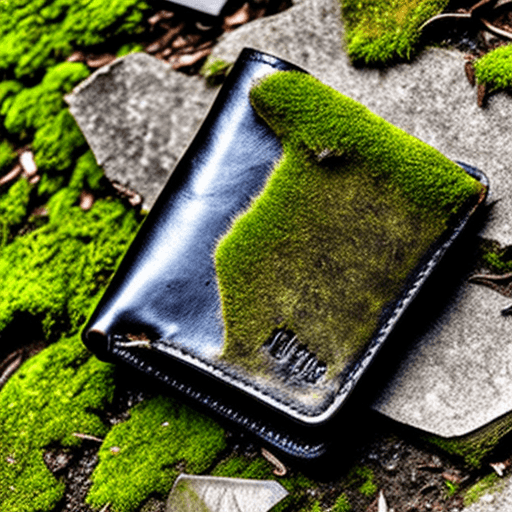 AI generated: an open abandoned leather wallet lying against a mossy pavement crack. Style: goth