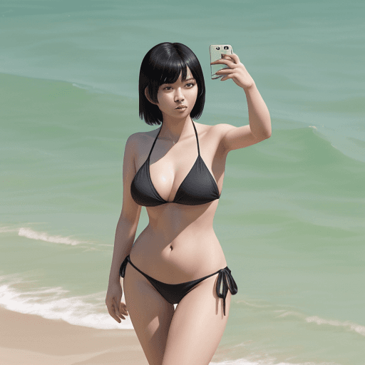 AI generated: A full-body photo of an Asian woman with straight black hair wearing a bikini, in the style of iPhon...