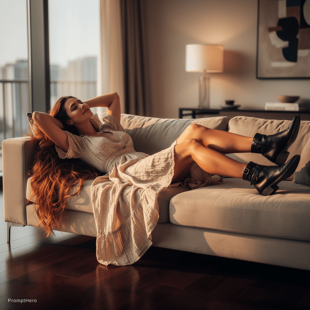 AI generated: A woman lies back on the plush cushion of her modern apartment's couch, exuding an air of relaxed co...