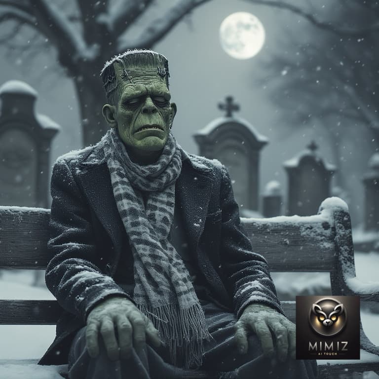 AI generated: Perchance 

sad Frankenstein monster wearing new year’s hat, sitting alone on weathered bench in sno...