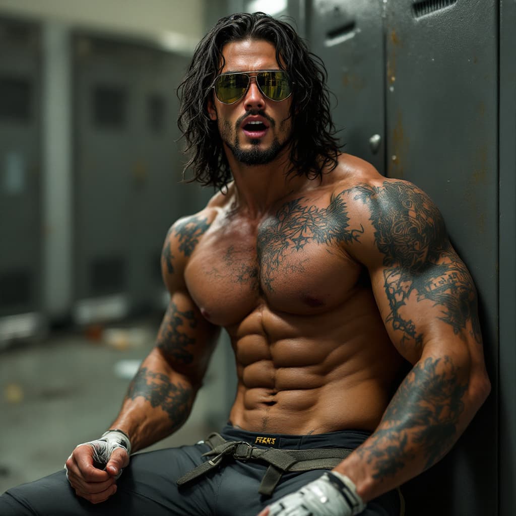 AI generated: Mark in the locker room, dumb college football player, long wavy black hair, green eyes, muscles, jo...
