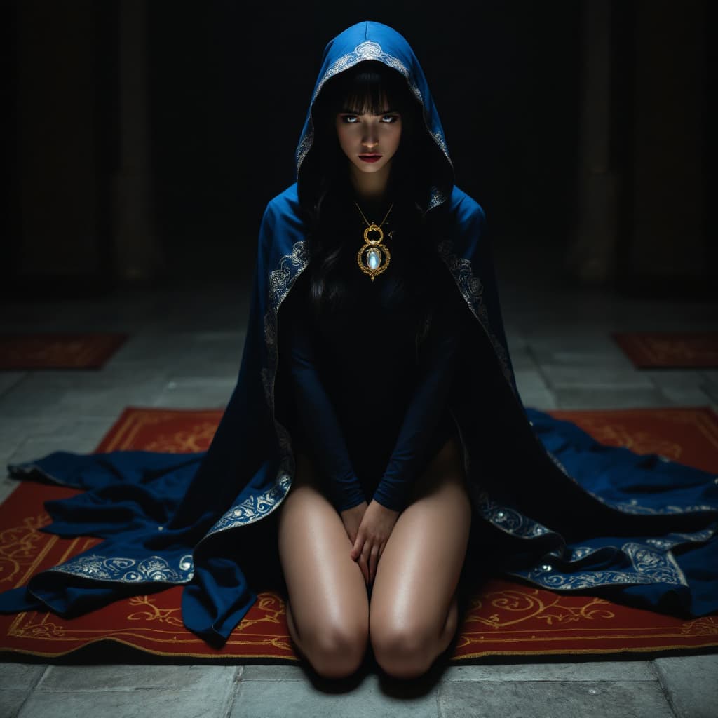 AI generated: High resolution photography. A woman kneels, her arms crossed behind her back, her thighs spread wid...