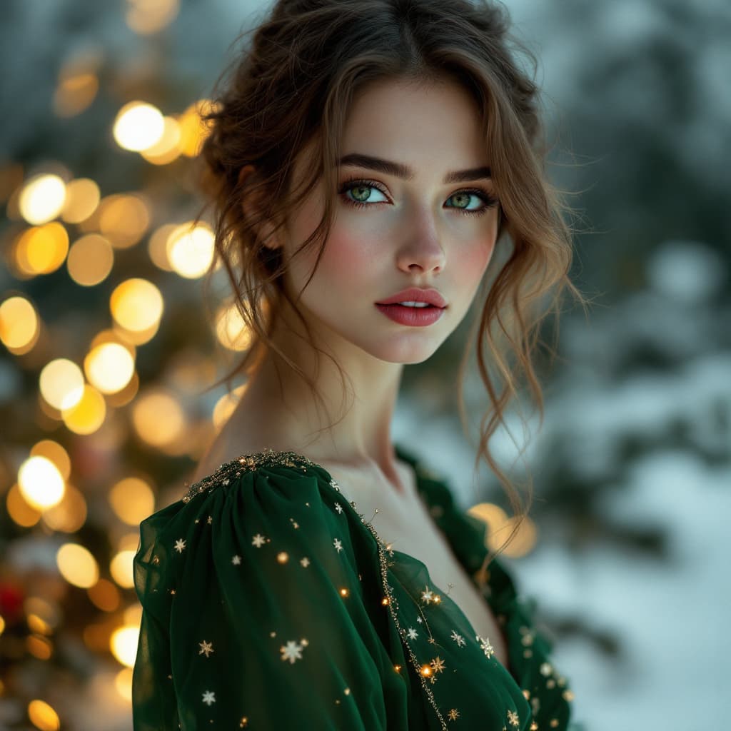 AI generated: Photo portrait of a woman with light brown hair, green eyes, wearing a green christmas tree elegant ...