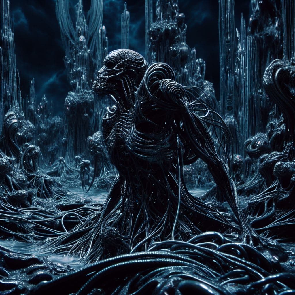 AI generated: The scene takes place in a dark, biomechanical nightmare world where organic and technological eleme...