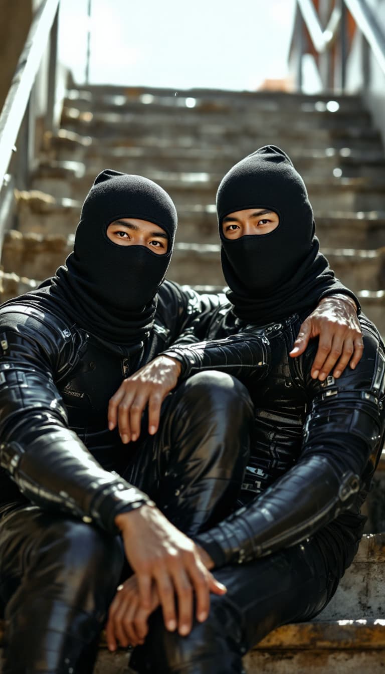 AI generated: Two male Asian Chinese strong wearing compression jammers in day time. They are sitting at staircase...