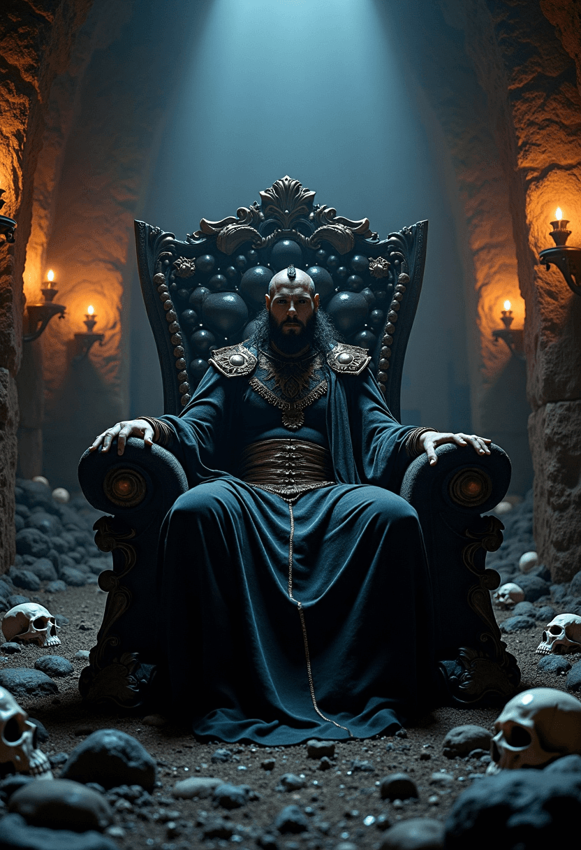 AI generated: Hades, king of the Underworld, sits on his coal-throne in a dark cave filled with the souls of the d...