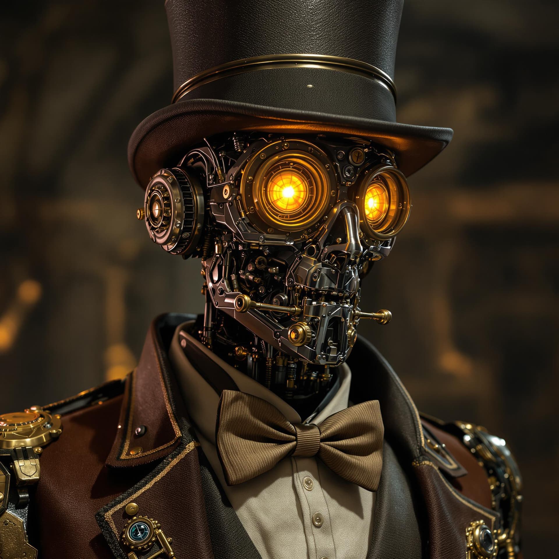 AI generated: Photo of a ultra realistic steampunk robot, dramatic light, fantasy art portrait, fancy bowtie and b...