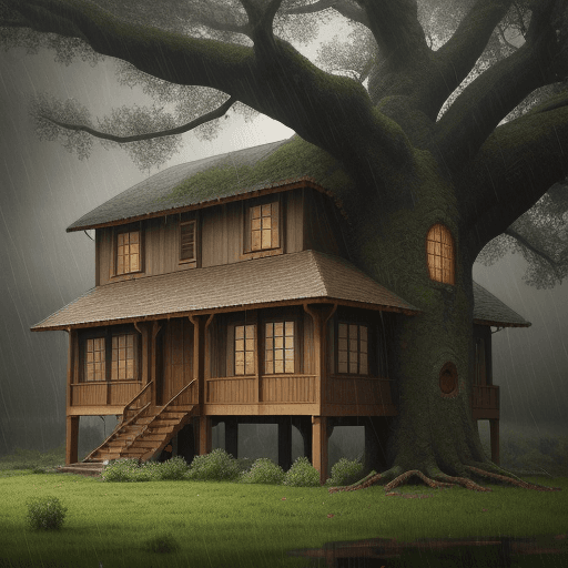 AI generated:  Photorealistic,Three tier tree. house in oak tree, rainstorm