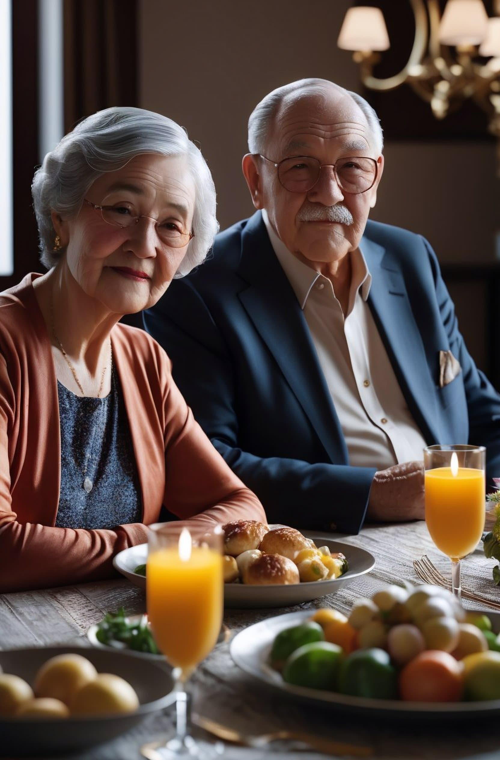 AI generated: (grandparents:1.3), (sitting next to each other at the table:1.2), (dining room in the background:1....