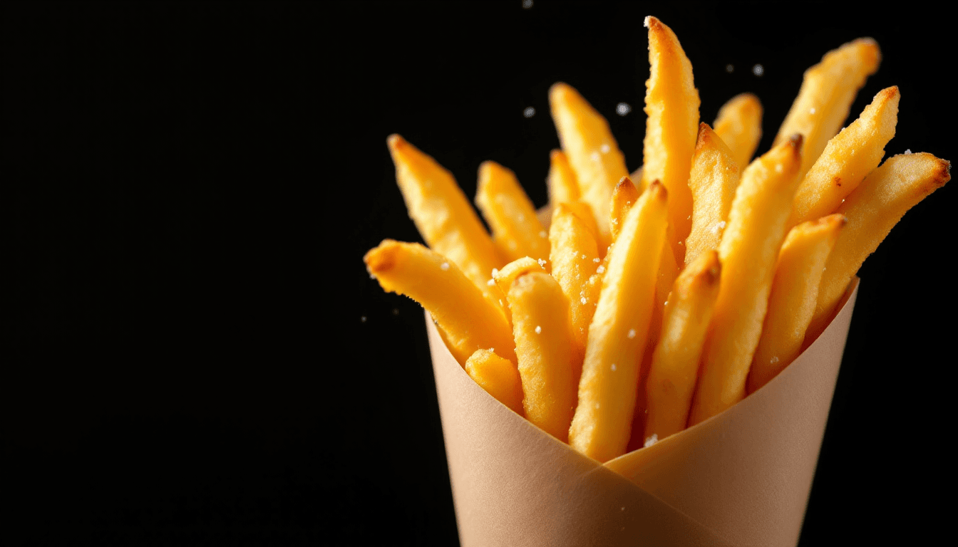 AI generated: A paper cone filled with hot, crispy French fries, sprinkled with sea salt, against a dark backgroun...