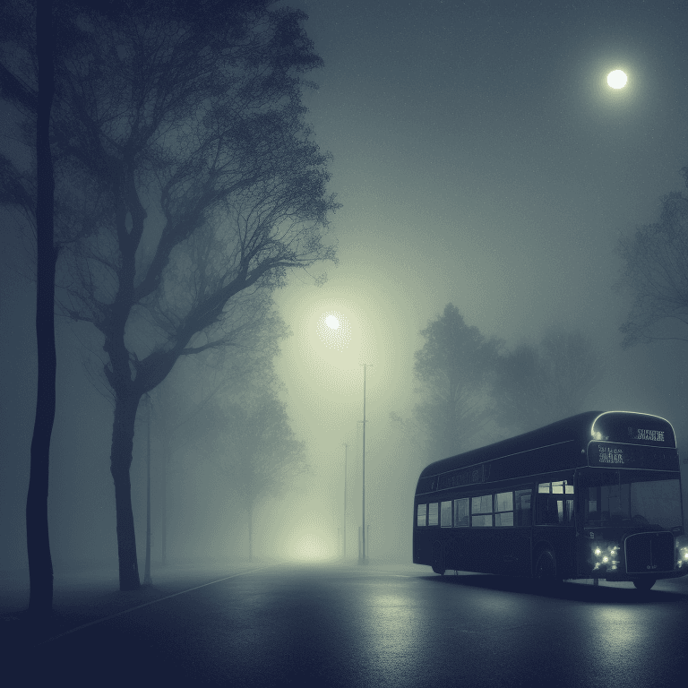 AI generated: side view of a long and dim lit strange bus at a distance, intricate details, in the middle of the n...