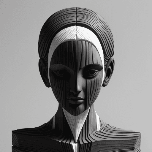 AI generated: The image features wooden sculpture of a black and white 3D of a woman's face, which appears to be a...