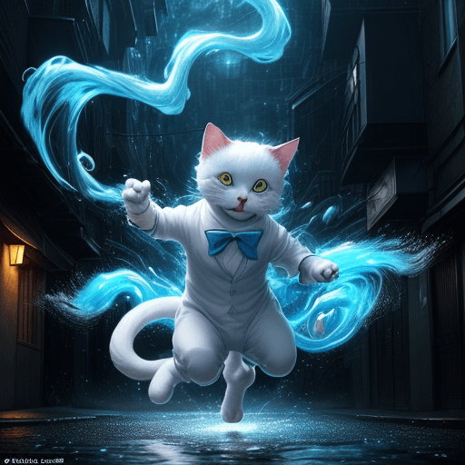 AI generated: an anthropomorphic cat wearing white linen is depicted in an action pose, swirling water in cat hand...