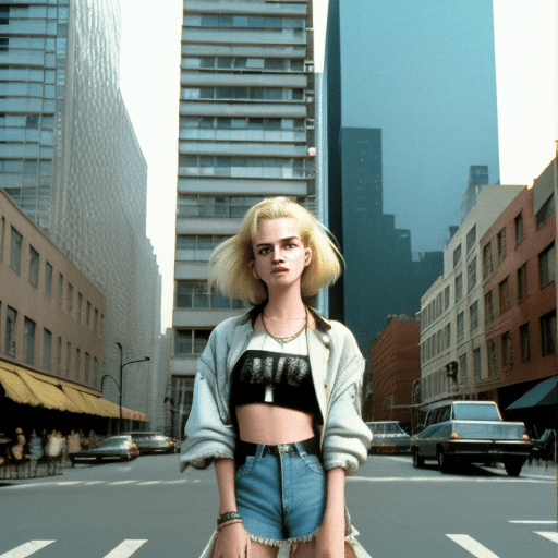 AI generated: Street style photo of a grunge style woman in the streets of 1990 Manhattan standing in front of a s...