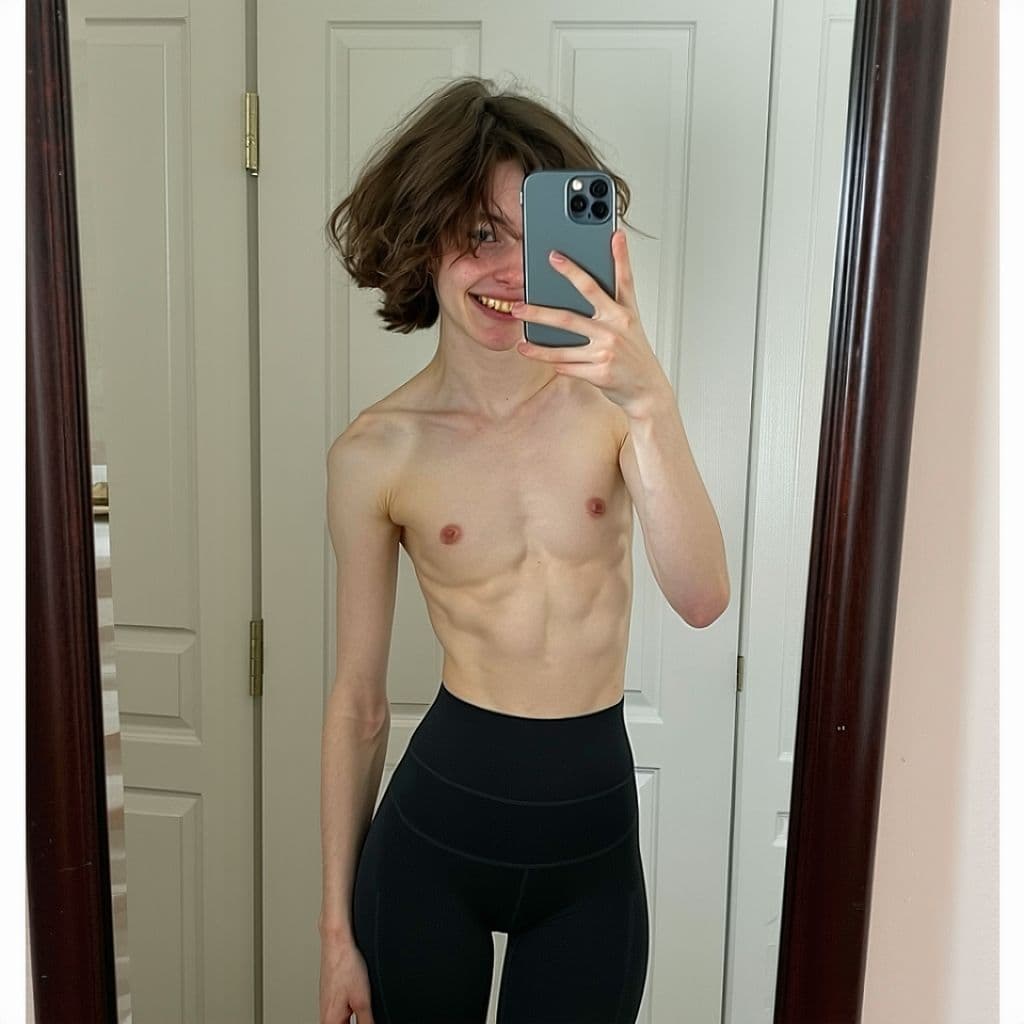 AI generated: an 19 yo French girl takes a photo of herself with her phone in the mirror, she has short brown friz...