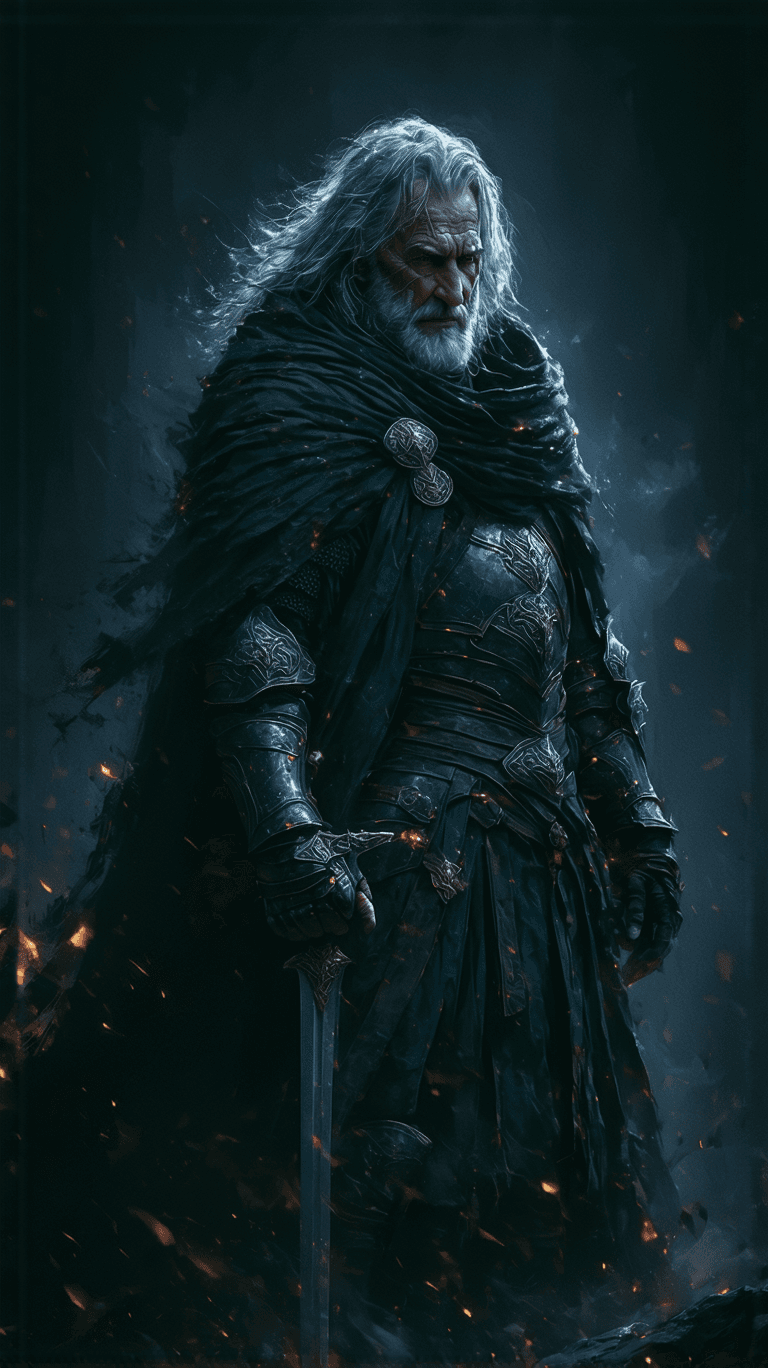 AI generated: A **legendary warrior**, standing **defiant against the tide of time and battle**, his **silver-stre...