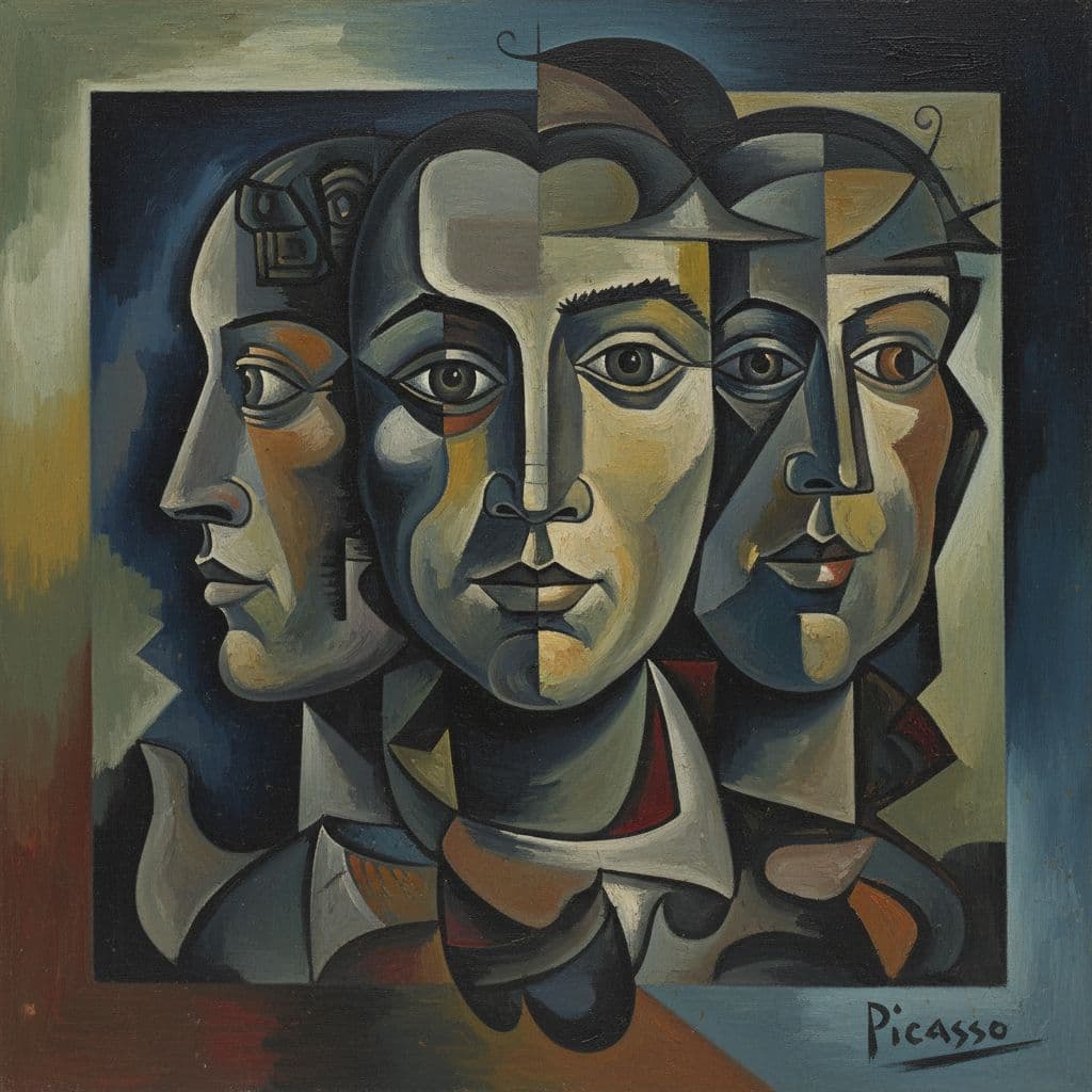 AI generated: Pablo Picasso's painting depicting three faces inside one rectangle in the style of surrealism, crea...