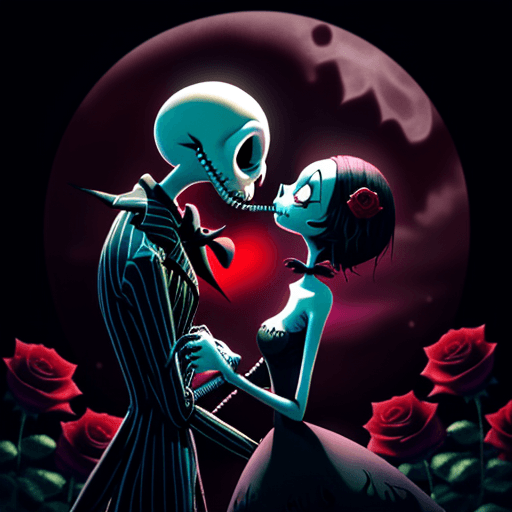 AI generated: The Nightmare Before Valentines Day, Jack Skellington and Sally showing affection, a Valentine love ...