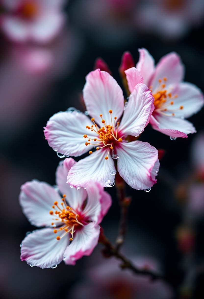 AI generated: Un macroarte de imagen microscópica de una flor de sakura. fondo negro simple. Flores de sakura flor...