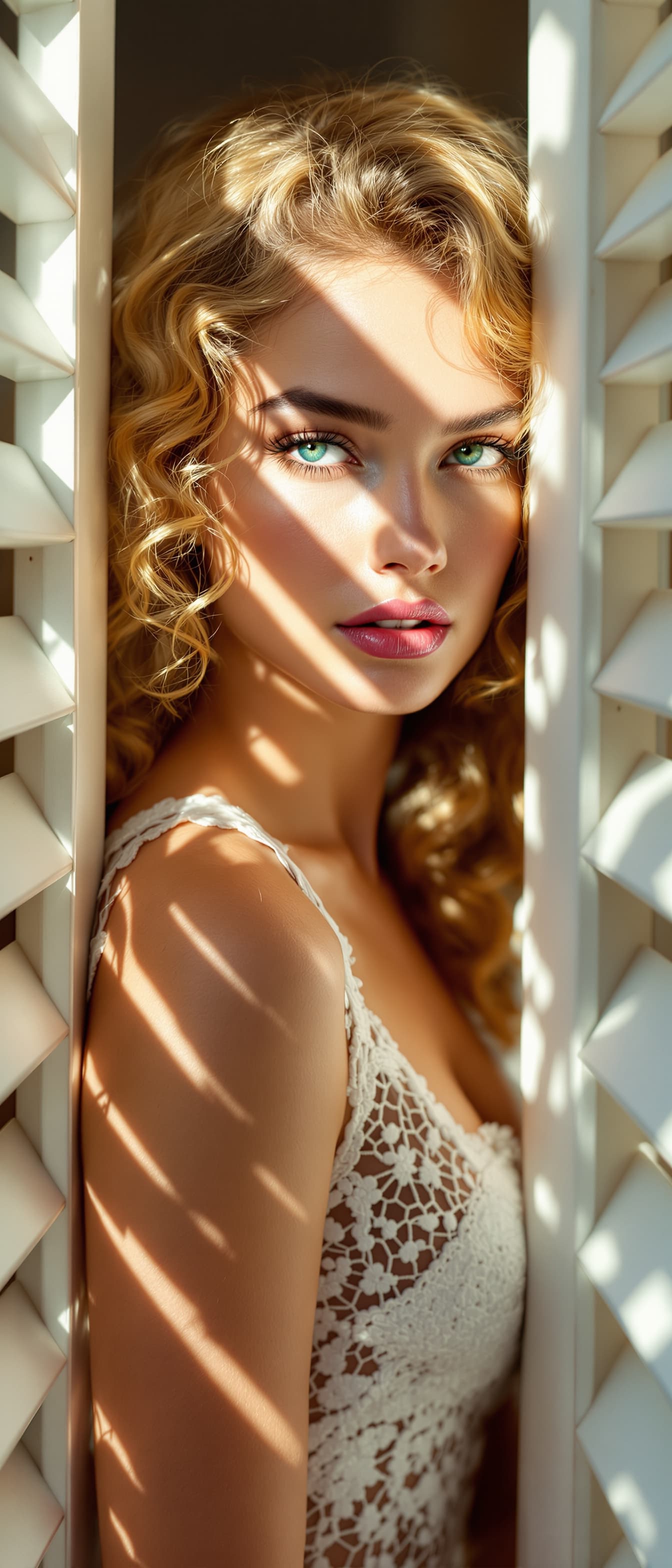 AI generated: "A full-height vertical portrait of a supermodel with fair skin and vibrant, curly honey-blonde hair...